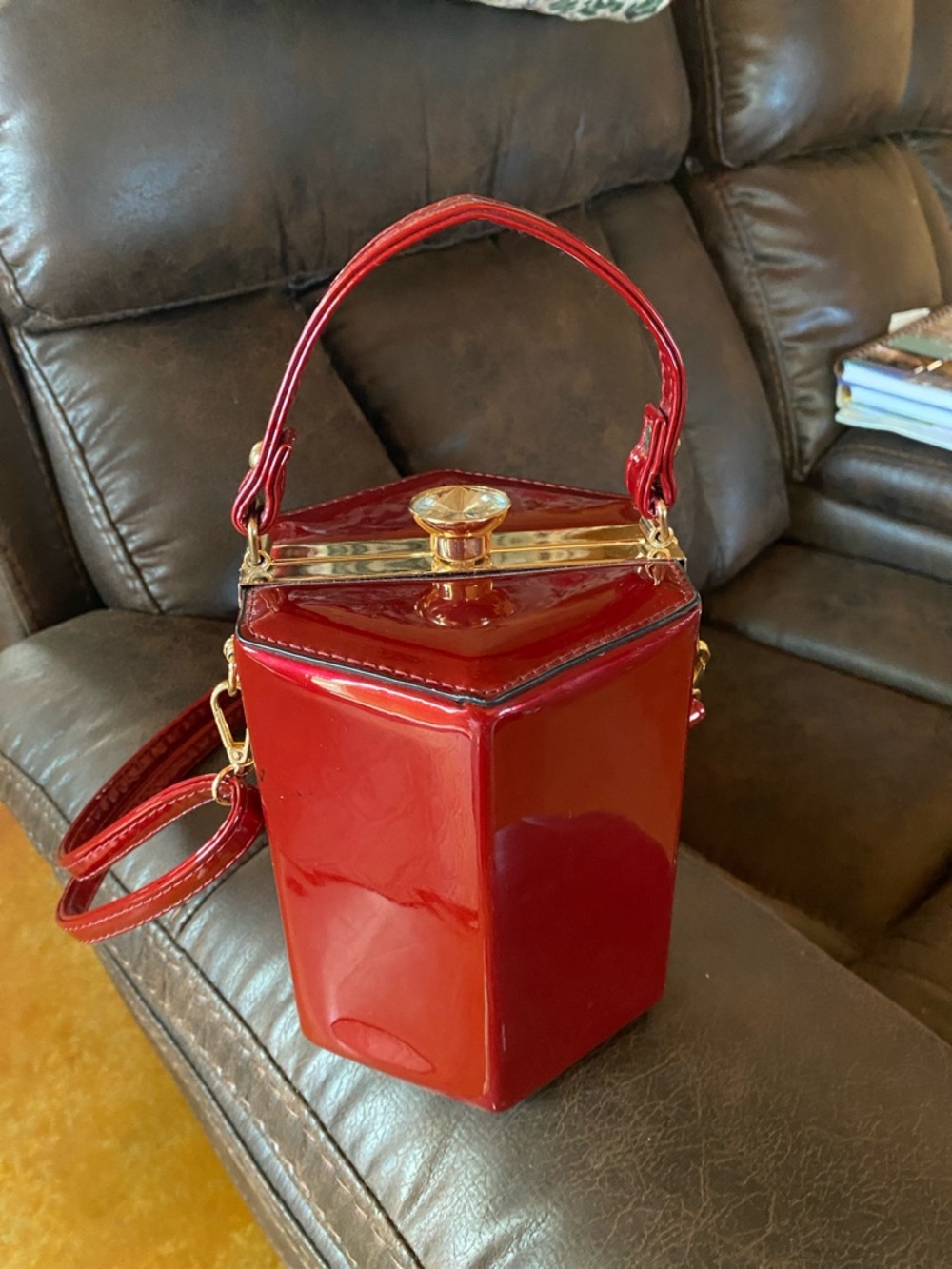 $13-Red Patent Hexagon Top-Handle Bag with Gold Trim